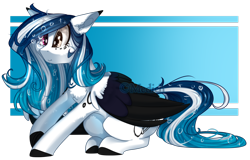 Size: 1118x714 | Tagged: safe, artist:mediasmile666, oc, oc only, oc:marie pixel, pegasus, pony, abstract background, bubble, coat markings, colored wings, commission, crying, cutie mark, ethereal mane, female, floppy ears, heterochromia, mare, sitting, solo, speedpaint available, starry mane, wavy mouth, wings