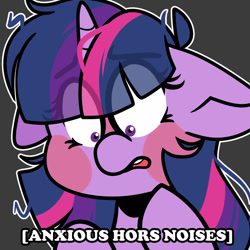 Size: 1024x1024 | Tagged: safe, artist:befishproductions, twilight sparkle, pony, blush sticker, blushing, descriptive noise, floppy ears, horse noises, solo