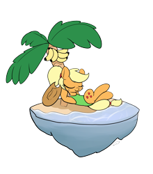 Size: 1900x2161 | Tagged: safe, artist:taurson, derpibooru import, applejack, earth pony, pony, angel island, atg 2019, banana, eyes closed, female, floating island, food, fruit, mare, newbie artist training grounds, ocean, shore, solo, tree