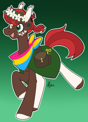 Size: 943x1303 | Tagged: safe, artist:polymercorgi, oc, oc:danny, earth pony, pony, floral head wreath, flower, male, pride, pride flag, saddle bag, solo, stallion