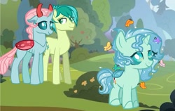 Size: 1136x720 | Tagged: safe, artist:comet-swirls, ocellus, sandbar, oc, oc:aquamarine, butterfly, changedling, changeling, changepony, hybrid, base used, female, interspecies offspring, male, ocelbar, offspring, older ocellus, parent:ocellus, parent:sandbar, parents:ocelbar, shipping, straight