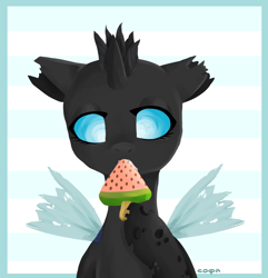 Size: 2004x2081 | Tagged: safe, artist:sopha, oc, oc:tectus ignis, changeling, changeling loves watermelon, cute, food, frozen watermelon, solo, watermelon