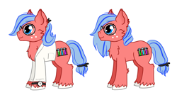 Size: 1400x792 | Tagged: safe, artist:flickswitch, oc, oc only, oc:flickswitch, pony, blue eyes, clothes, digital art, fluffy, freckles, glasses, hooves, lab coat, ponytail, reference, reference sheet, science, simple background, solo, white background