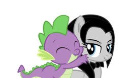 Size: 750x466 | Tagged: safe, artist:mrmaclicious, edit, editor:undeadponysoldier, spike, oc, oc:klavinova, dragon, earth pony, pony, bowtie, boyfriend and girlfriend, canon x oc, crack shipping, cute, daaaaaaaaaaaw, female, hug, mare, shipping, simple background, spikenova, white background