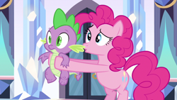 Size: 1280x720 | Tagged: safe, derpibooru import, screencap, pinkie pie, spike, dragon, earth pony, pony, the crystal empire, crystal empire, cute, female, holding, holding a dragon, kissy face, male, mare