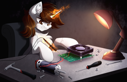 Size: 4444x2857 | Tagged: safe, artist:airiniblock, oc, oc only, oc:metronome circuit, pony, chest fluff, commission, hammer, levitation, magic, male, rcf community, screwdriver, table, telekinesis