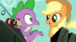 Size: 1280x720 | Tagged: safe, derpibooru import, screencap, applejack, spike, dragon, earth pony, pony, a dog and pony show, cute, female, fishing rod, freckles, happy, hat, jackabetes, kissy face, looking at each other, male, mare, open mouth, smiling