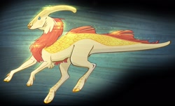 Size: 2048x1233 | Tagged: safe, artist:rebecca dart, dinosaur, kirin, original species, barely pony related, fusion, parasaurolophus