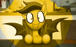 Size: 1920x1200 | Tagged: safe, edit, edited screencap, screencap, oc, oc:echo, bat pony, pony, colors of echo, cute, emoticlone, happy, joy, ocbetes, smiling, solo, yellow