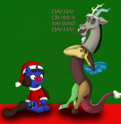 Size: 2448x2520 | Tagged: safe, artist:vcm1824, discord, oc, oc:chrissy, pony, christmas, clothes, costume, female, hat, holiday, male, red nose, santa costume, santa hat