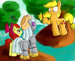 Size: 2048x1683 | Tagged: safe, artist:greenfinger, derpibooru import, apple bloom, applejack, oc, oc:turing test, earth pony, pony, robot, robot pony, fanfic:the iron horse: everything's better with robots, accessory theft, applejack's hat, bloodshot eyes, bow, cowboy hat, fanfic art, hair bow, hat, raised hoof, tree, water