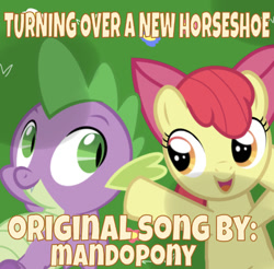 Size: 639x630 | Tagged: safe, artist:mandopony, edit, editor:undeadponysoldier, apple bloom, spike, dragon, earth pony, pony, album cover, animal crossing, cute, daaaaaaaaaaaw, female, filly, happy, looking at each other, lying down, male, open mouth, parody, shipping, signature, smiling, song reference, spikebloom, straight, text, they grow up so fast, turning over a new leaf, word art