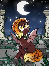 Size: 768x1024 | Tagged: safe, artist:n in a, oc, oc:fire glow, bat pony, pony, bat pony oc, column, moon, stars