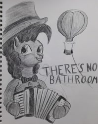 Size: 2380x3003 | Tagged: safe, artist:rockhoppr3, cheese sandwich, pony, accordion, clothes, crazy ex-girlfriend, hat, hot air balloon, monochrome, musical instrument, solo, top hat, traditional art