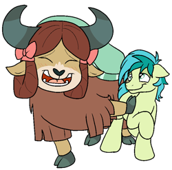 Size: 735x727 | Tagged: safe, artist:bennimarru, sandbar, yona, earth pony, pony, yak, she's all yak, blushing, bow, cloven hooves, colored, eyes closed, female, flat colors, hair bow, hoof on chest, lidded eyes, male, monkey swings, open mouth, shipping, simple background, smiling, straight, transparent background, yonabar