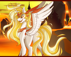 Size: 1255x1000 | Tagged: safe, artist:melobee, daybreaker, alicorn, pony, a royal problem, fangs, helmet, lava, looking back, mane of fire, open mouth, solo, spread wings, volcano, wings