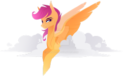 Size: 1280x795 | Tagged: safe, artist:rxiantool, scootaloo, pegasus, pony, adult, cloud, deviantart watermark, female, lineless, mare, obtrusive watermark, simple background, transparent background, watermark