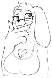 Size: 1113x1662 | Tagged: safe, artist:zippysqrl, oc, oc:chalk, anthro, diamond dog, breasts, bust, cleavage, clothes, diamond dog oc, emoji, female, female diamond dog, glasses, grayscale, monochrome, simple background, sketch, solo, thinking, thinking emoji, white background