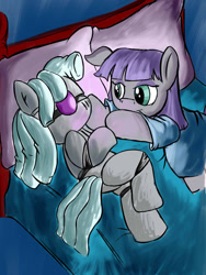 Size: 1309x1744 | Tagged: safe, alternate version, artist:greenfinger, maud pie, oc, oc:turing test, earth pony, pony, robot, robot pony, fanfic:the iron horse: everything's better with robots, bed, canon x oc, fanfic art, glow, pillow
