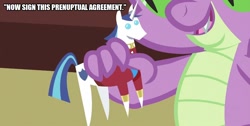 Size: 992x500 | Tagged: safe, edit, edited screencap, screencap, spike, dragon, pony, a canterlot wedding, caption, divorce, image macro, marriage, prenuptual agreement, shingin armor, solo, text, toy, wedding