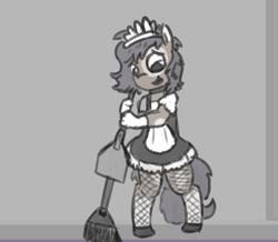 Size: 575x502 | Tagged: safe, artist:davierocket, oc, oc:longfolia, anthro, blushing, clothes, crossdressing, fishnet stockings, maid, maid headdress, male, simple background, solo, sweeping