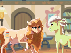 Size: 4000x3000 | Tagged: safe, artist:venommocity, granny smith, pear butter, pony, looking at each other, mother and daughter-in-law, open mouth, raised hoof, smiling, smirk, story included, younger