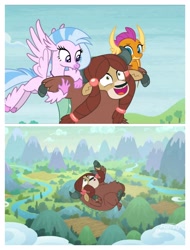 Size: 3106x4096 | Tagged: safe, edit, edited screencap, screencap, silverstream, smolder, yona, classical hippogriff, dragon, hippogriff, yak, school daze, school raze, abuse, bow, cloven hooves, dragoness, engrish in the description, falling, female, flying, hair bow, monkey swings, op is a cuck, op is trying to start shit, out of context, this will end in death, this will end in tears, this will end in tears and/or death, trio, yonabuse