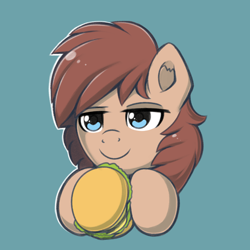 Size: 2500x2500 | Tagged: safe, artist:anonbelle, edit, oc, oc:atlas, pegasus, pony, burger, food, smiling, sticker