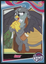 Size: 713x1000 | Tagged: safe, gabby, griffon, the fault in our cutie marks, beak, card, female, flying, mailbag, my little pony logo, open mouth, solo, spread wings, talons, text, wings