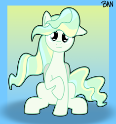 Size: 1510x1609 | Tagged: safe, artist:banquo0, vapor trail, pegasus, pony, female, gradient background, looking at you, mare, raised hoof, signature, sitting, smiling, solo