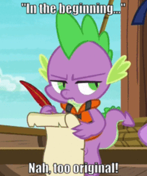 Size: 357x426 | Tagged: safe, edit, edited screencap, screencap, spike, dragon, ppov, dialogue, lifejacket, quill, scroll, solo, text, unamused