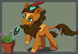 Size: 1280x889 | Tagged: safe, artist:jennithedragon, oc, oc only, oc:earthen spark, kirin, border, cloven hooves, ear fluff, female, gardening, green background, kirin oc, magic, potted plant, shears, simple background