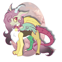 Size: 2625x2625 | Tagged: safe, artist:darkpathwalker9900, oc, oc:fluffy, draconequus, hybrid, bell, bell collar, collar, draconequus oc, female, interspecies offspring, offspring, parent:discord, parent:fluttershy, parents:discoshy, simple background, solo, transparent background