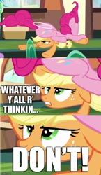 Size: 500x865 | Tagged: safe, derpibooru import, edit, edited screencap, screencap, applejack, pinkie pie, earth pony, pony, games ponies play, asshat, balloonbutt, caption, comic, female, implied applepie, implied lesbian, implied shipping, mare