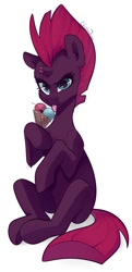 Size: 723x1500 | Tagged: safe, artist:chibadeer, tempest shadow, pony, unicorn, broken horn, ear fluff, eye scar, female, food, hoof hold, horn, ice cream, ice cream cone, mare, scar, simple background, solo, tongue out, white background