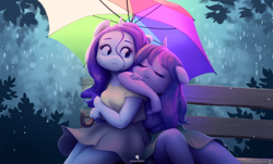 Size: 2314x1395 | Tagged: safe, artist:katputze, derpibooru import, rarity, twilight sparkle, anthro, unicorn, clothes, cute, female, hooves, horn, lesbian, mare, rain, rarilight, shipping