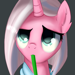 Size: 2000x2000 | Tagged: safe, artist:observerdoz, clear sky, pony, unicorn, common ground, black background, bust, cute, cute sky, drinking, ear fluff, female, mare, portrait, scene interpretation, simple background, solo, straw