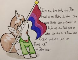 Size: 680x522 | Tagged: safe, artist:paper view of butts, oc, oc:paper butt, pony, unicorn, bisexual pride flag, clothes, colored, colored pencil drawing, cute, female, flag, glasses, horn, jacket, male, mare, mouth hold, ocbetes, pride, pride flag, pride month, pride ponies, solo, speech, stallion, traditional art