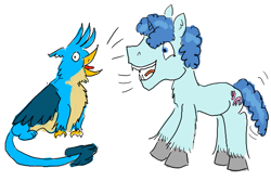 Size: 1200x800 | Tagged: safe, artist:horsesplease, gallus, party favor, barking, behaving like a dog, behaving like a rooster, blue, crowing, doggie favor, gallus the rooster