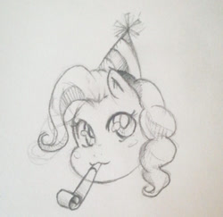 Size: 407x396 | Tagged: safe, artist:jaegerjaques, derpibooru import, pinkie pie, earth pony, pony, black and white, bust, cute, disembodied head, female, grayscale, hat, head, manga, monochrome, party hat, portrait, sketch, smiling, solo, traditional art