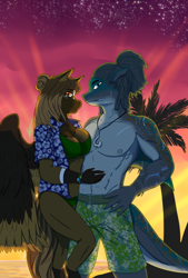 Size: 2864x4245 | Tagged: safe, artist:mantarwolf, oc, oc only, oc:island breeze, oc:rogue wave, anthro, original species, pegasus, shark pony, anthro oc, clothes, commission, couple, female, grin, hand on chest, islandwaves, looking at you, male, mare, oc x oc, palm tree, partial nudity, shipping, smiling, stallion, sunset, swimming trunks, swimsuit, tiger shark pony, topless, tree