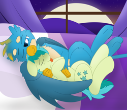 Size: 2927x2550 | Tagged: safe, artist:skyflys, gallus, sandbar, earth pony, griffon, pony, bed, cuddling, cute, cutie mark, gallabetes, gallbar, gay, male, one eye closed, paws, sandabetes, shipping, sleeping, snuggling, teenager, tongue out