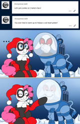 Size: 2000x3096 | Tagged: safe, artist:blackbewhite2k7, derpibooru import, cranky doodle donkey, pinkie pie, earth pony, pony, ask, batman, clothes, comic, condensation, costume, crossover, drawing, harley quinn, ice, mr. freeze, smiling, tumblr