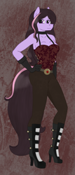 Size: 1071x2502 | Tagged: safe, artist:dyonys, derpibooru exclusive, oc, oc only, oc:violet strike, anthro, earth pony, belt, choker, clothes, corset, female, gloves, high heels, leggings, palindrome get, shoes, steampunk