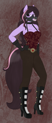 Size: 1071x2502 | Tagged: safe, alternate version, artist:dyonys, derpibooru exclusive, oc, oc only, oc:violet strike, anthro, earth pony, abstract background, belt, choker, clothes, corset, female, gloves, high heels, leggings, mask, shoes, steampunk