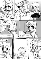 Size: 1493x2125 | Tagged: safe, artist:provolonepone, derpibooru import, applejack, rarity, earth pony, pony, unicorn, comic:a sapphic story, carousel boutique, clothes, comic, crying, cute, dress, implied lesbian, jackabetes, looking down, monochrome, raribetes