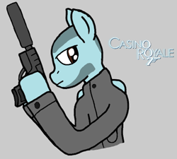 Size: 604x543 | Tagged: safe, artist:gameplay the pony, oc, oc:gameplay, pegasus, pony, casino royale, clothes, digital art, gun, handgun, jacket, james bond, male, pistol, solo, suppressed pistol, text, weapon