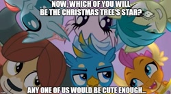 Size: 907x499 | Tagged: safe, edit, edited screencap, editor:horsesplease, screencap, gallus, ocellus, sandbar, silverstream, smolder, yona, friendship university, boomerang (tv channel), caption, christmas, christmas tree, heads together, holiday, image macro, student six, text, tree