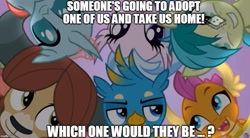 Size: 907x499 | Tagged: safe, edit, edited screencap, editor:horsesplease, screencap, gallus, ocellus, sandbar, silverstream, smolder, yona, friendship university, adoption, boomerang (tv channel), student six