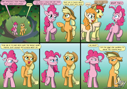 Size: 1500x1051 | Tagged: safe, artist:omny87, derpibooru import, applejack, bright mac, pear butter, pinkie pie, earth pony, pony, apple, apple tree, applejack's parents, breaking the fourth wall, comic, food, glare, intertwined trees, pear, pear tree, tree